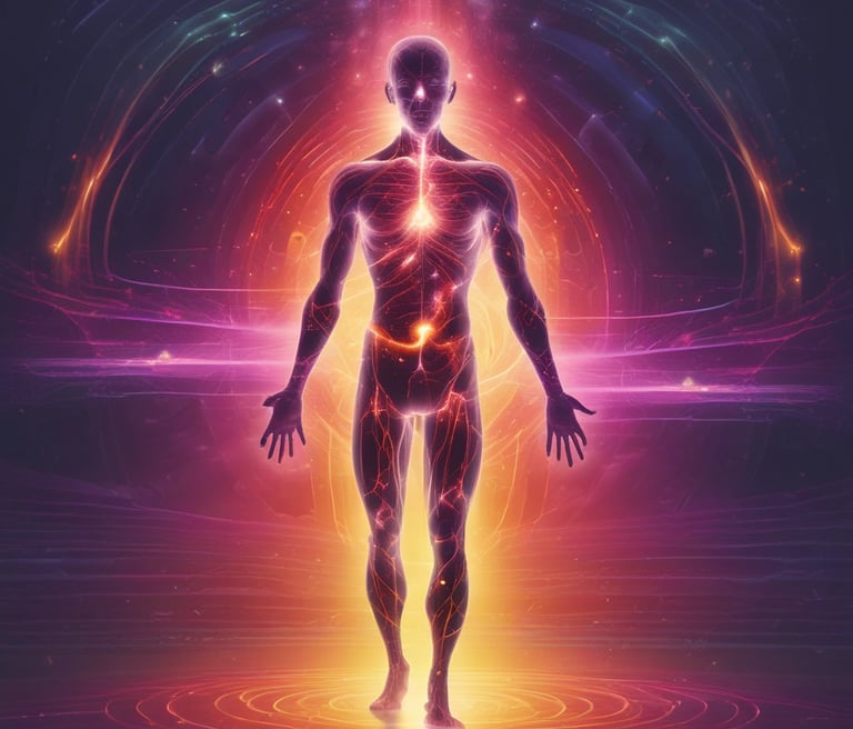 A group of people sit cross-legged on yoga mats in a meditative pose with palms together, suggesting a meditation or yoga session. The setting appears to be indoors with a patterned carpet and soft lighting.