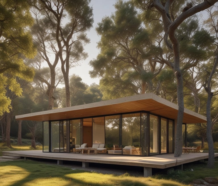 A serene image of a modern home surrounded by lush greenery.