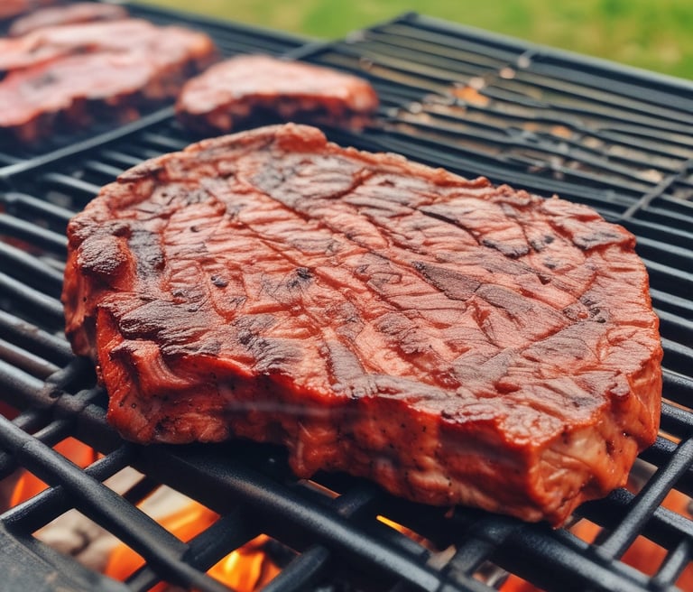 A thick, juicy slice of marbled meat is being grilled to brown perfection. The meat has a distinct pink and white marbling, showcasing its freshness and quality. It rests on a grill with other blurred food items in the background, suggesting a cooking process.