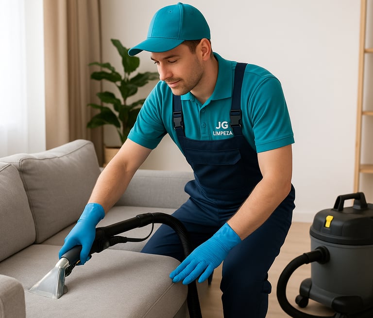 a man in a blue uniform cleaning a couch
