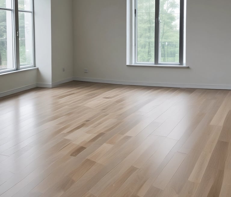 Four wooden planks are lying on a wooden floor. The planks have a natural, rustic finish, and two of them have screws partially embedded. The floor has a variegated pattern with a mix of light and dark brown tones.