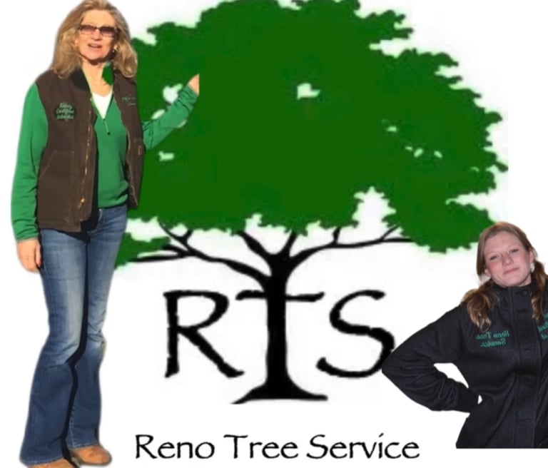 Reno tree service logo with a woman standing next to a tree with a tree in the background