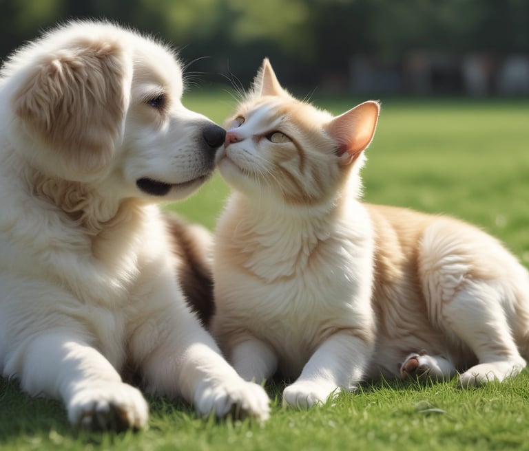 Two packages of pet milk substitute products are displayed, one for cats featuring a kitten, and one for dogs featuring a puppy. The packages are vibrant, with the cat product being blue and the dog product being blue and orange. A green plant leaf is partially visible on the left side of the image, with a soft beige background.