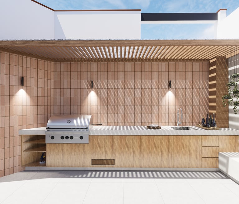 Render 3D de terraza moderna para diseño de interiores y exteriores, con muebles contemporáneos, ilu