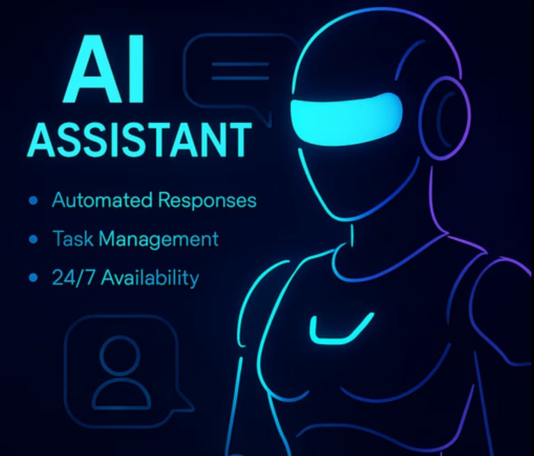 a robot with a headphones and a blue background with the words ai assistant