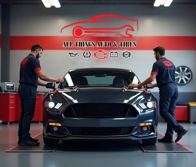 Two mechanics at All Things Auto & Tires inspecting a black sports car inside a modern auto repair s