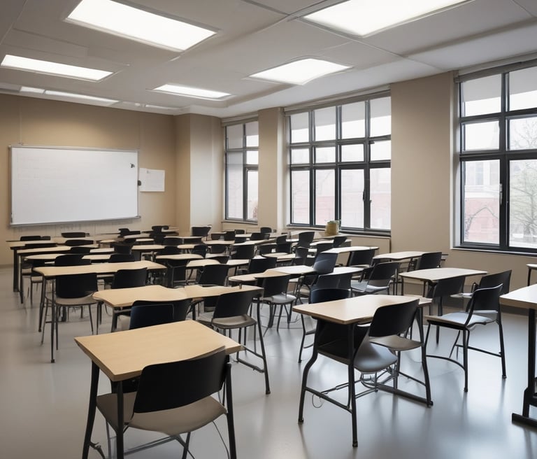 A building entrance with metal barred doors and windows, featuring signs indicating it belongs to a faculty for high-quality training. The facade is white, and there are red fire extinguishers and safety notices mounted on the wall next to the entrance.