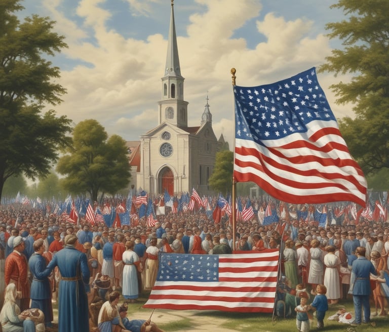 A warm sunrise over a peaceful town square with a cross standing tall in the center.