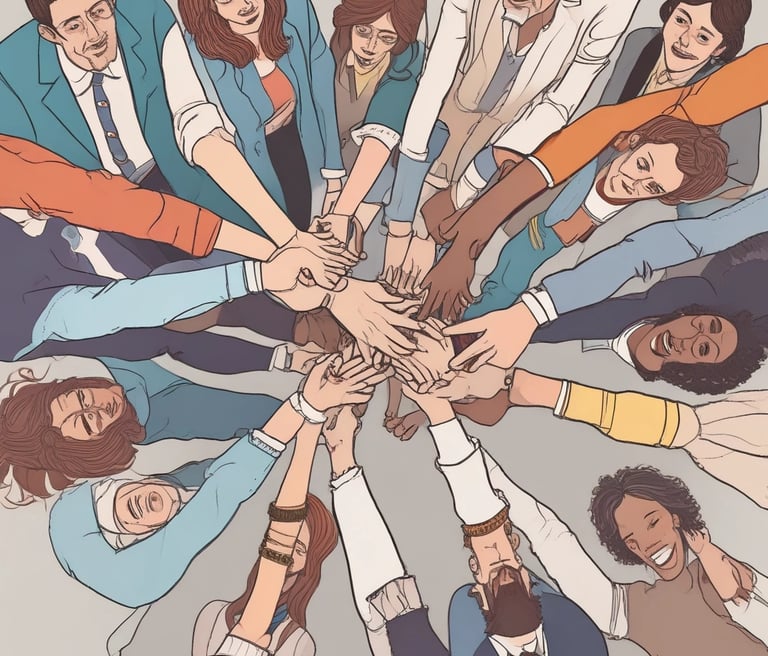 A group of diverse people engaging in a community support activity outdoors.