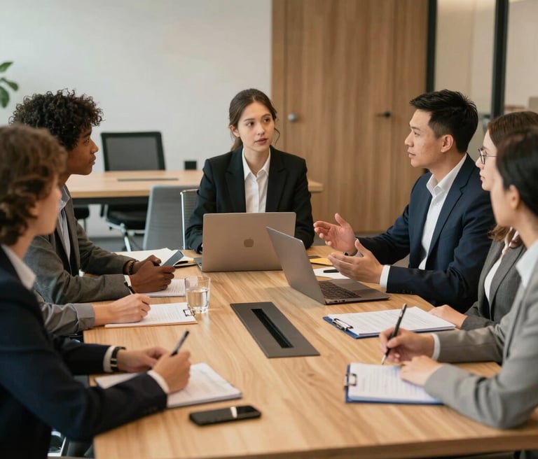 A professional corporate language training session with diverse participants engaged in conversation.