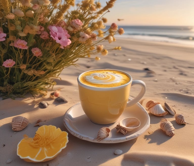 Cup of golden milk on a plate at the beach with flowers and sea shells around the cup.