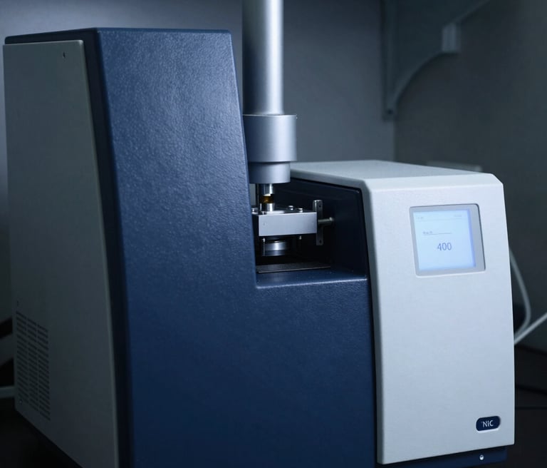 Close-up of high-precision HPLC instrument with glowing indicators in a dark navy laboratory setting.