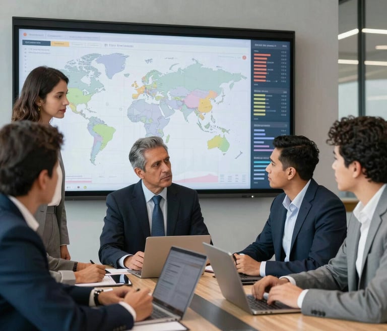A professional team discussing international trade strategies around a conference table with global maps in the background.