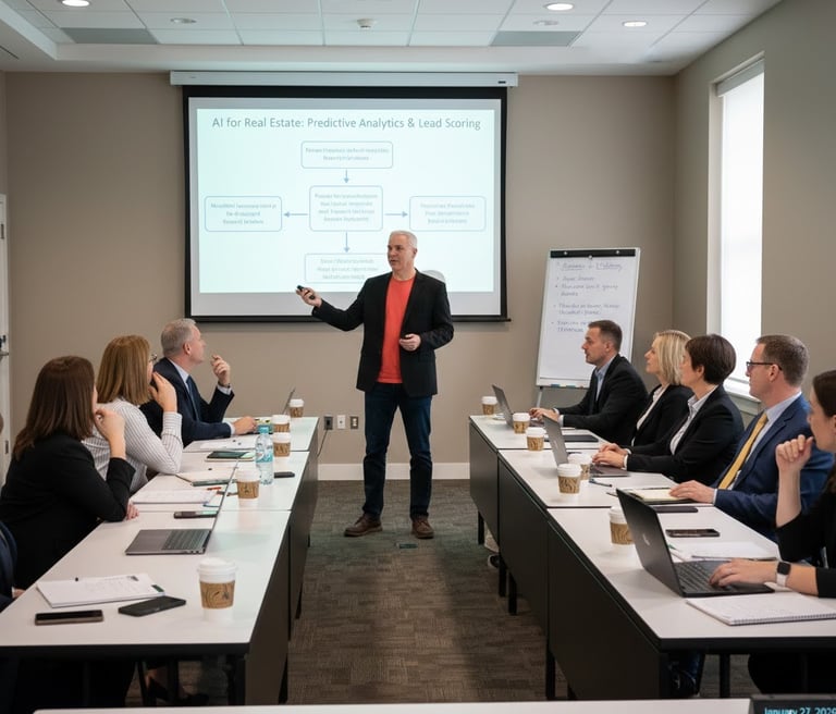 Kevin Smullin presenting AI for real estate predictive analytics to a corporate boardroom meeting.