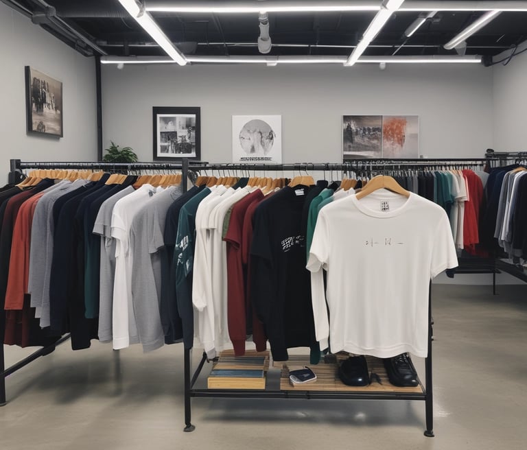 A cozy display of minimalistic t-shirts, sweatshirts, and hoodies arranged neatly on wooden hangers with natural light.