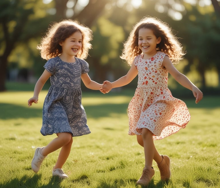 A mother and child dressed in oversized denim and matching hoodies, walking through a sunlit Canadian autumn park with leaves in warm browns and muted mustard tones.