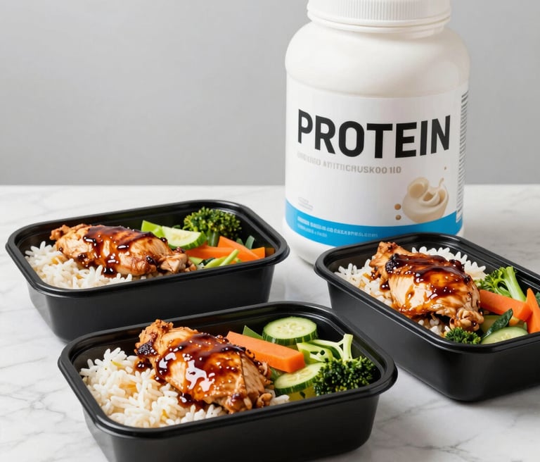 Healthy meal prep containers with glazed chicken, rice, and fresh vegetables next to a protein powder tub.