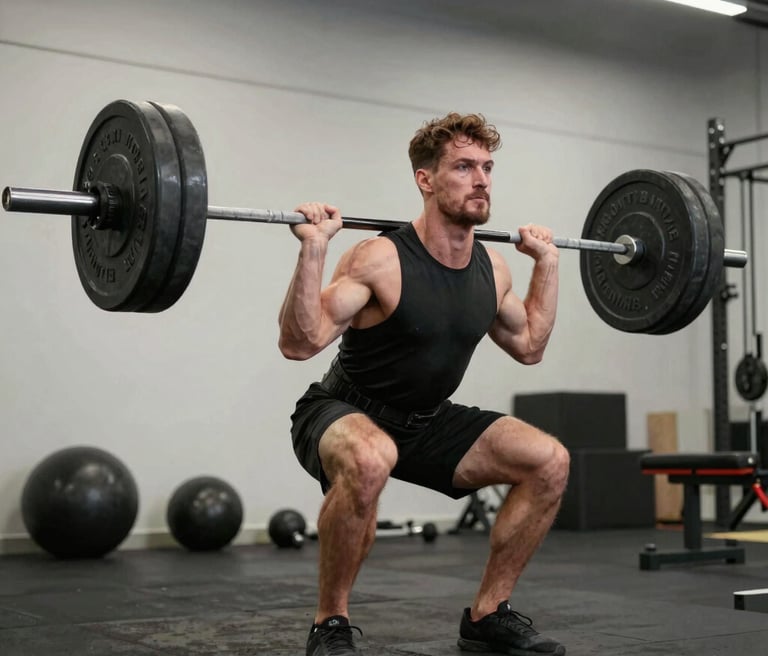 Muscular man performing a deadlift with a barbell in a gym, showcasing strength and fitness for weightlifting and