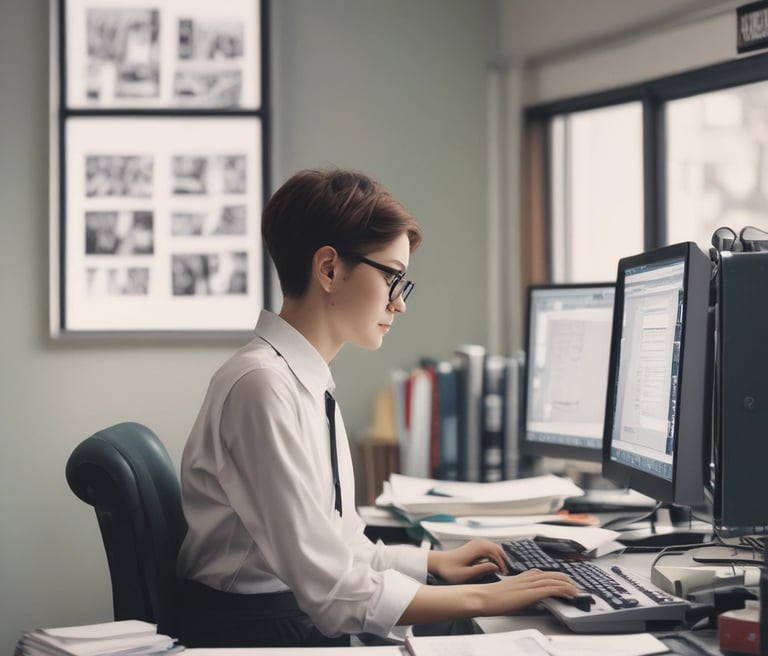 A professional woman working at her desk surrounded by organized files and a laptop.