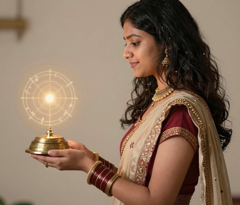 Portrait of Sonia Sarma in traditional Indian attire, surrounded by lotus flowers and sacred lamps.