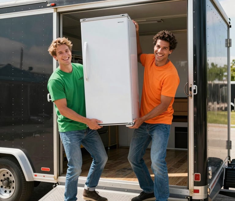A bright box truck driving smoothly down a sunny suburban street, ready to haul away clutter.