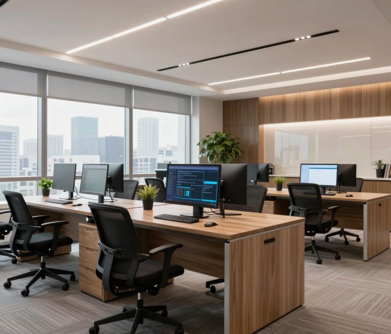 A minimalist workspace with a laptop displaying a modern website design on a dark charcoal desk accented by emerald green decor.