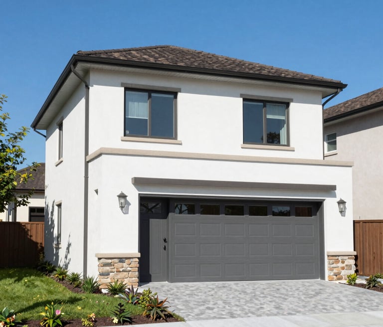 A sleek, modern office space with large windows overlooking Accra's skyline at sunset.