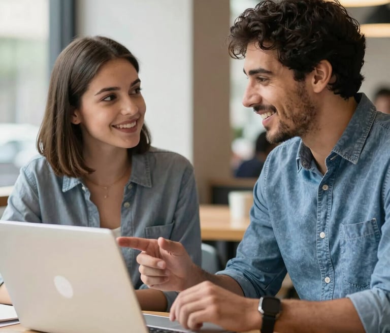 Two smiling male college students studying together with a laptop in a modern campus cafe.
