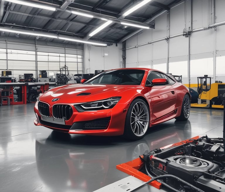 A sleek, dark blue luxury car inside a pristine autovision workshop, with technicians focused on detailed maintenance.