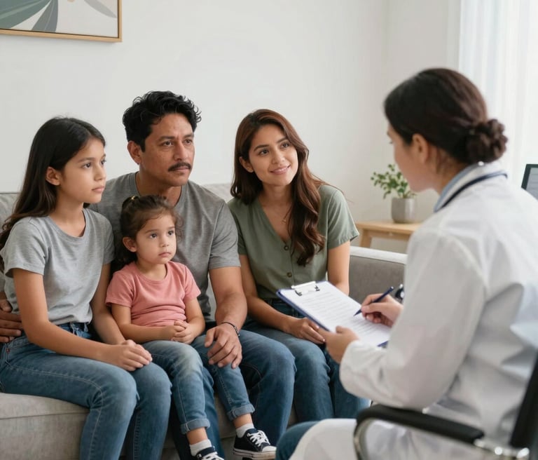 A friendly insurance agent discussing options with a smiling family in a cozy living room.