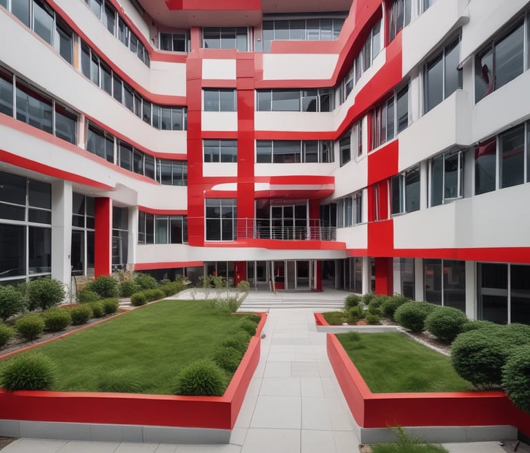 A vibrant red and white themed office building of PT. Indomakmur Fortuna Perkasa with delivery trucks in front.