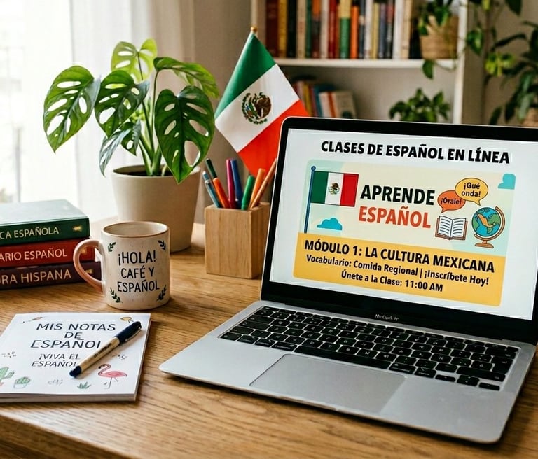 Laptop displaying online Spanish lessons on a desk with a Mexican flag and language textbooks.