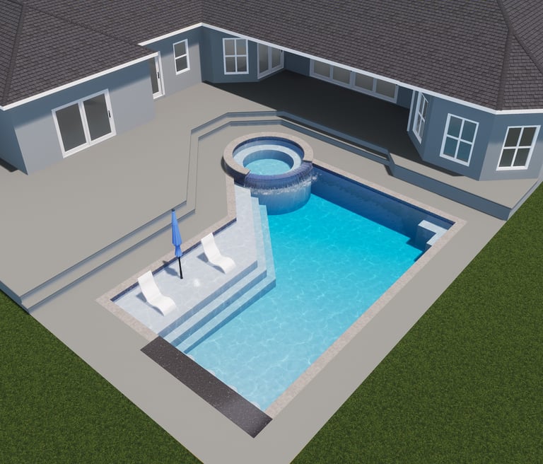Modern luxury backyard swimming pool design with integrated spa and tanning ledge.
