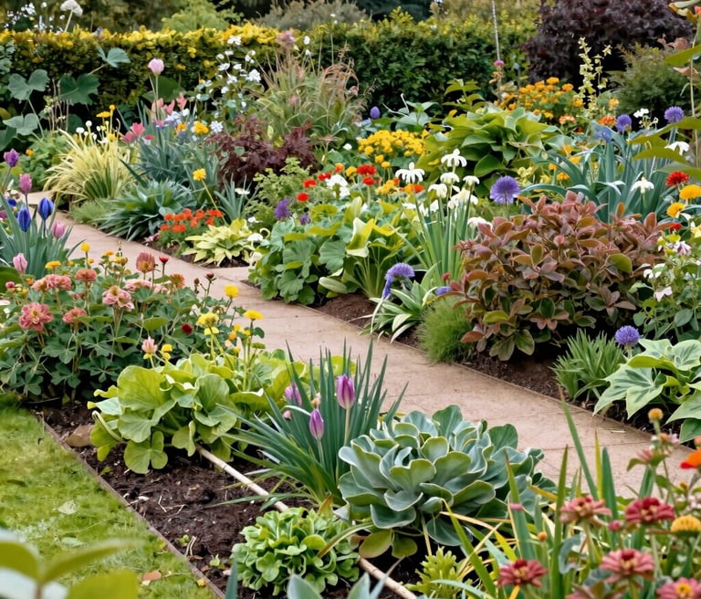A serene garden scene featuring lush greenery and delicate blooms under soft duck egg blue skies.