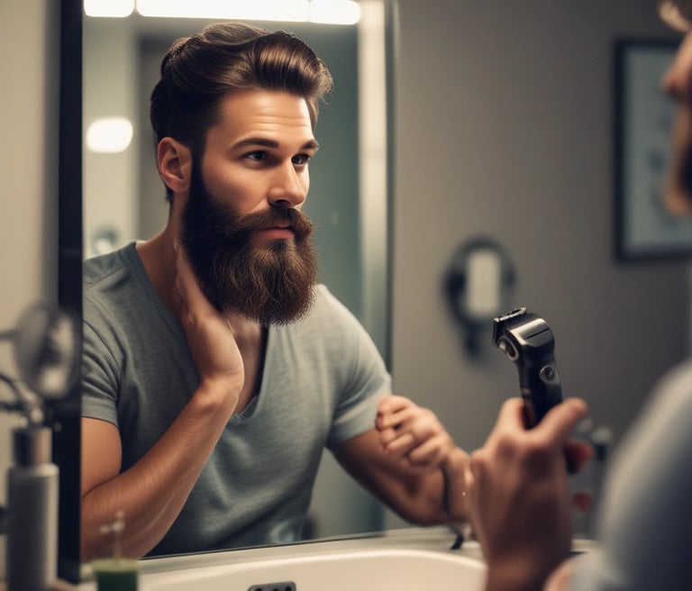A well-groomed man adjusting his watch in a cozy, stylish room filled with grooming products and fitness gear.