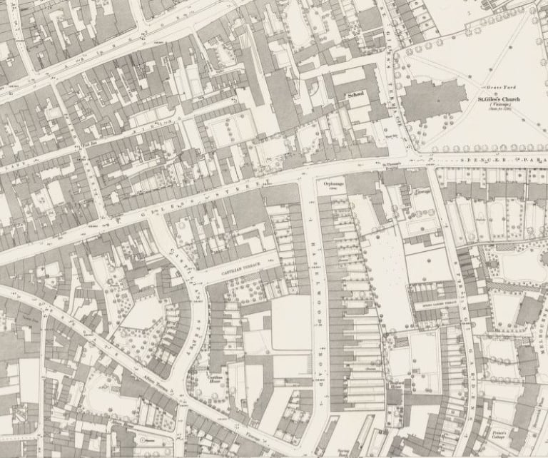 Ordnance Survey map featuring historic urban layouts