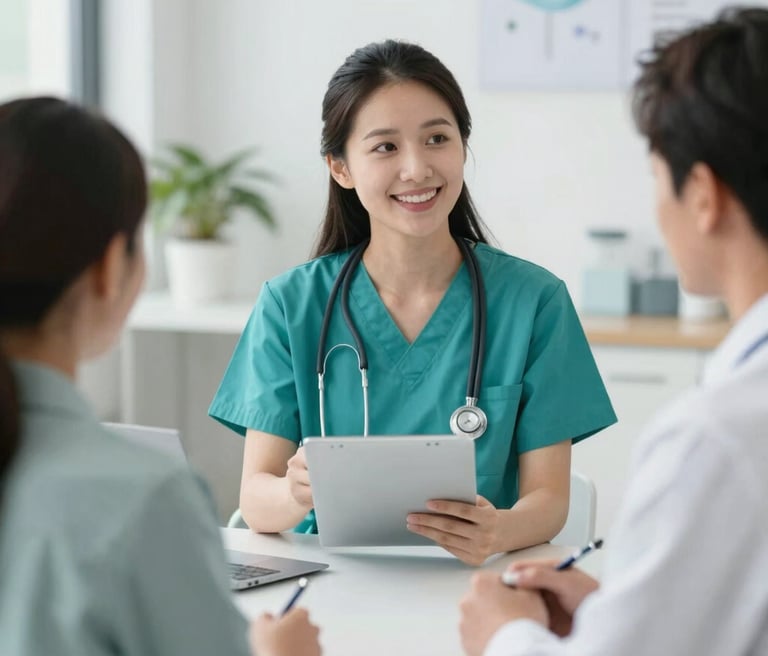 A welcoming medical professional consulting with a patient in a bright, modern clinic.