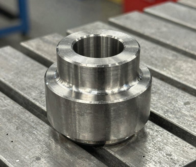 Precision machined stainless steel industrial component on a metal workbench in a CNC shop.