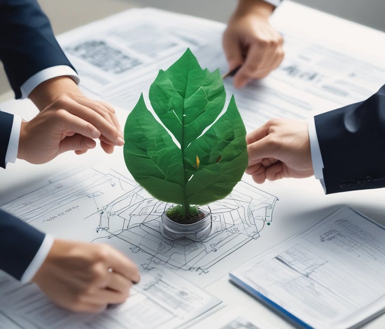 A dynamic team collaborating over futuristic blockchain technology visuals in a modern workspace.