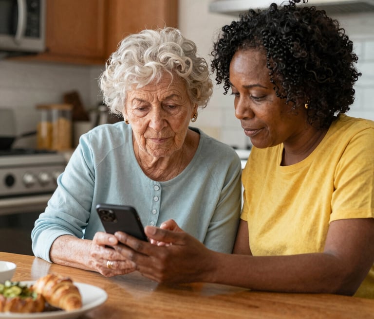 A warm, inviting scene of a caregiver gently assisting an elderly woman with organizing her living room.
