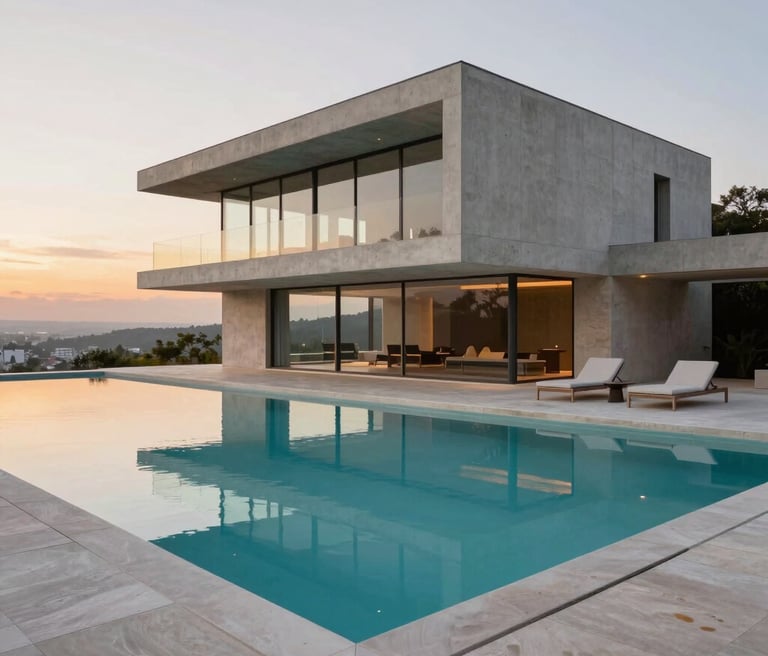 A serene modern backyard with a sleek pool and lush greenery under soft natural light.