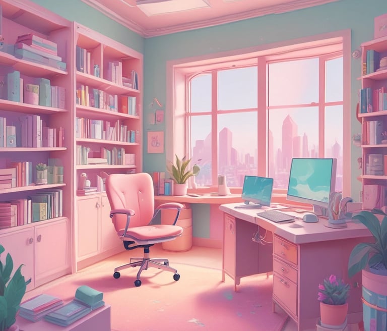 A cozy workspace with handmade kawaii items and soft pastel decorations reflecting a warm creative environment.