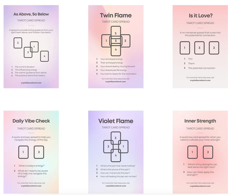 Screenshot of a variety of free tarot card spreads - sign up below to download