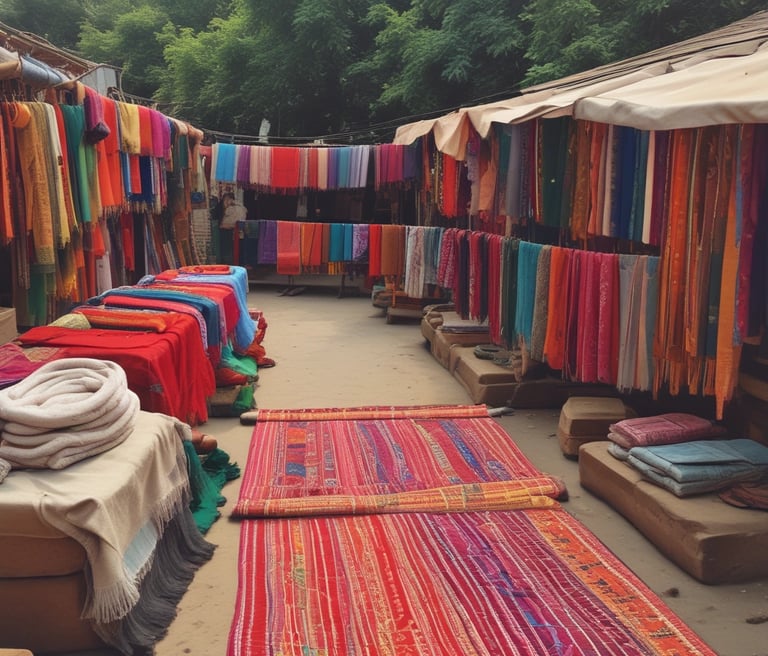A vibrant display of colorful Indian handloom fabrics and intricate wooden carvings arranged on a rustic wooden table.