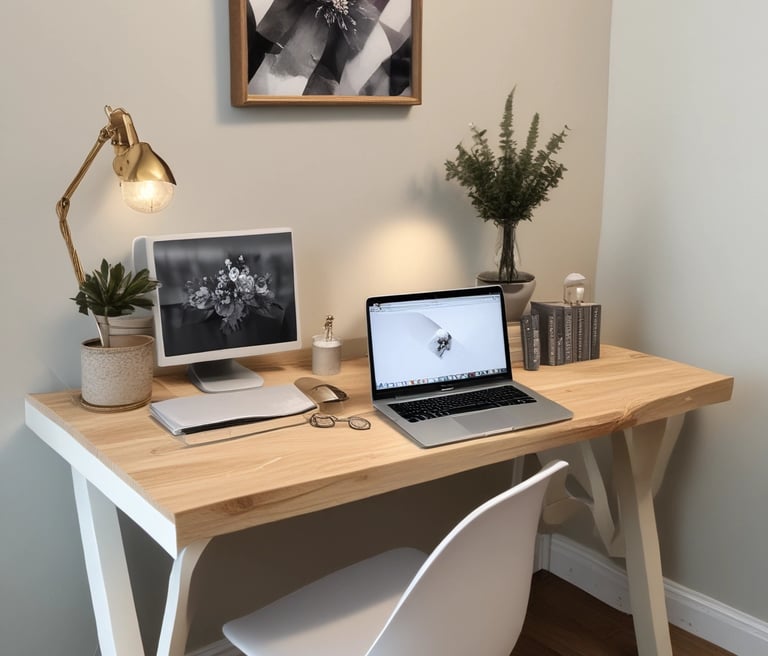 A friendly freelancer working on a laptop in a cozy workspace with a small local café visible outside the window.