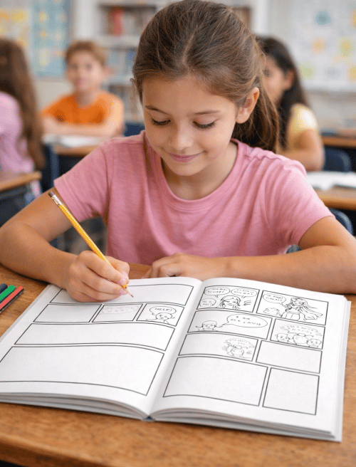 Élève qui dessine une bande dessinée