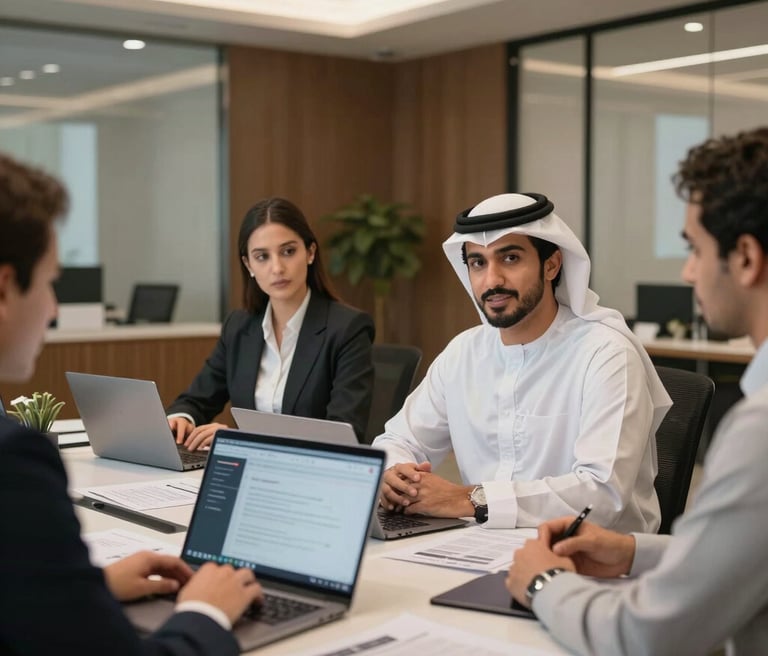 A sleek, modern office workspace with a laptop displaying a digital marketing dashboard and creative branding materials spread out.