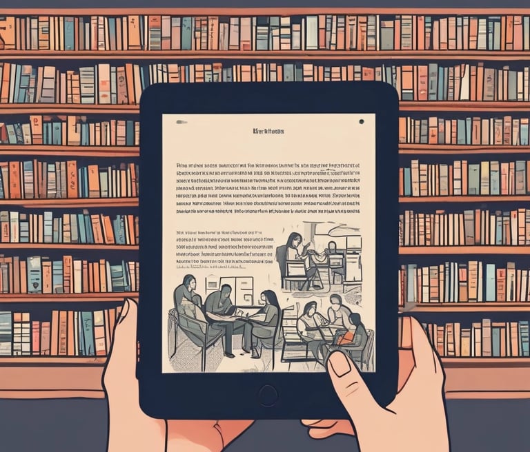 A cozy reading nook with a tablet displaying the ez reads ebook store homepage, surrounded by colorful book covers.