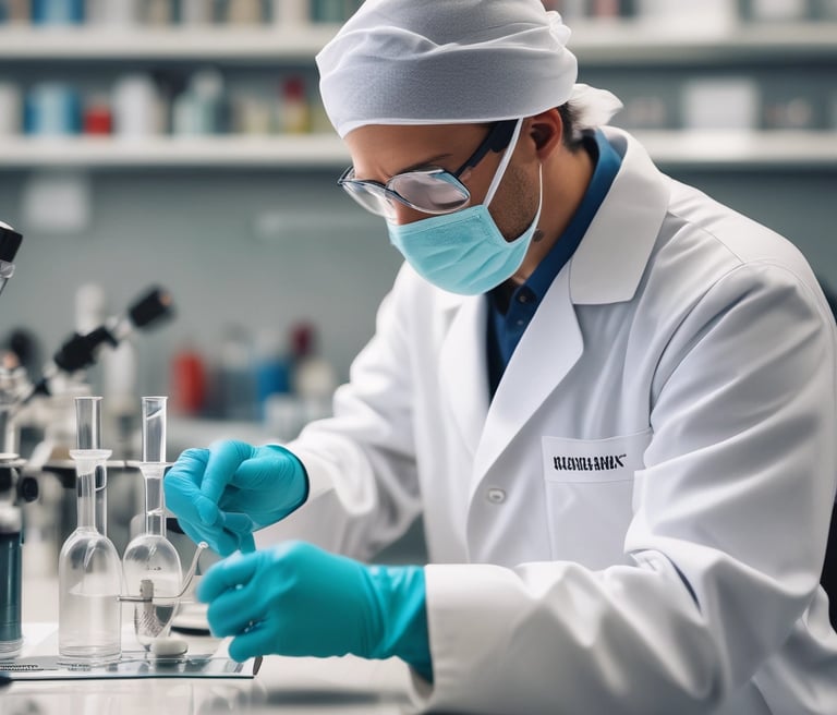 A clean, modern laboratory workspace with scientists analyzing molecular structures on screens.