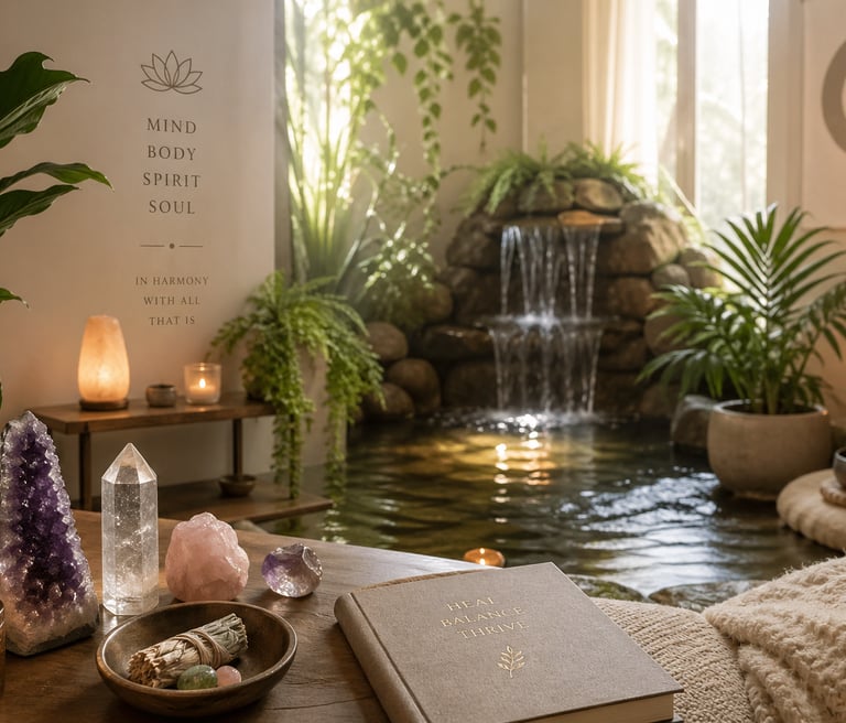 Warm, neutral healing space with plants, crystals and a water element.